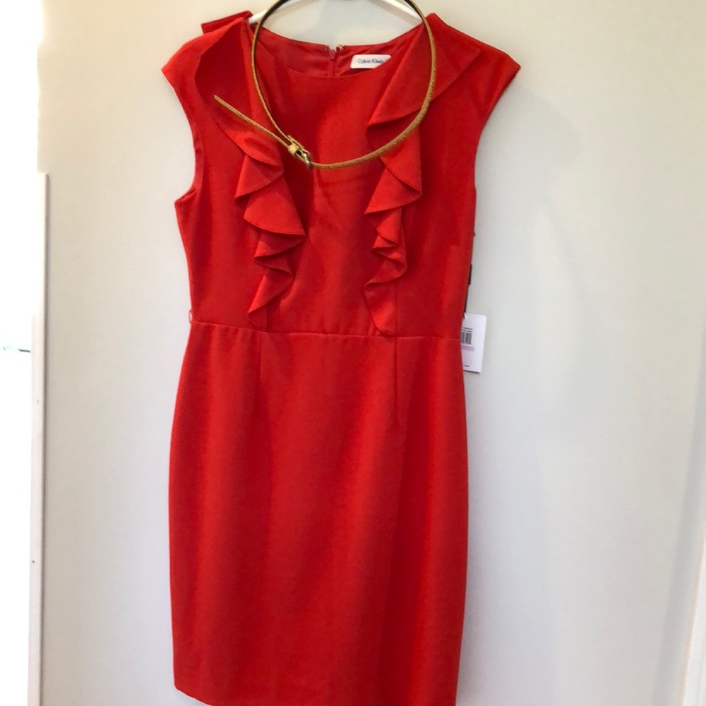 Red Calvin Klein Dress with Gold Belt